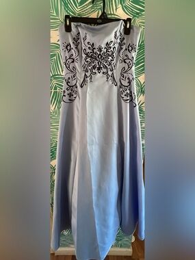 Kiki Vintage Y2K Light Ice Blue Satin Strapless Dress w/ Black Velvet scrollwork
